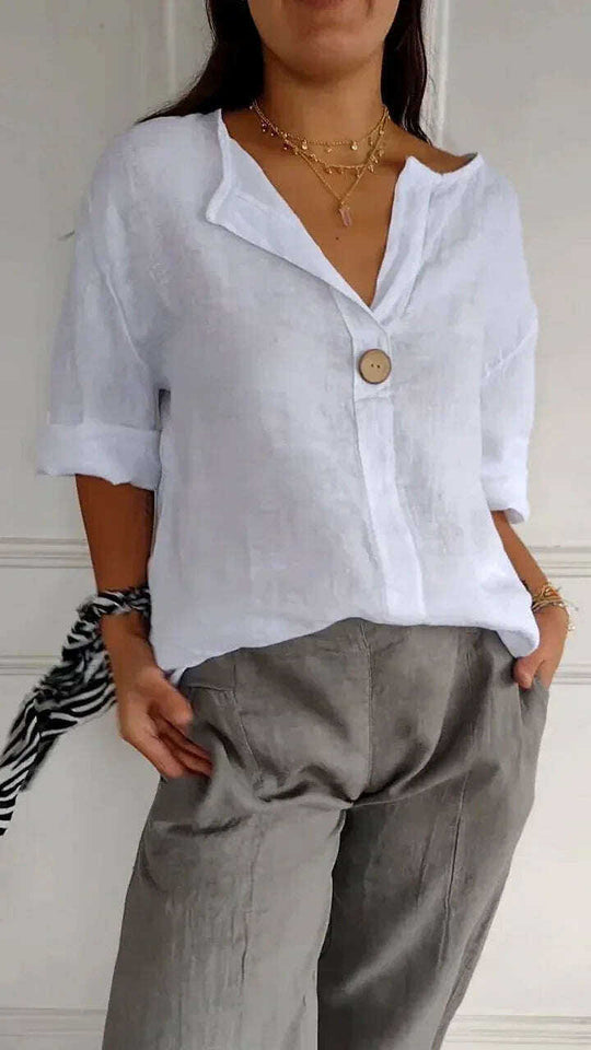 V-neck Long-sleeved T-shirt Fashion Loose Cotton And Linen Button Tops For Women Meifu Market
