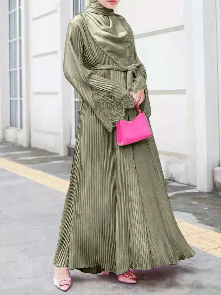 modest lace abaya | pleated kaftan dress | ramadan prayer outfit | energy saving
