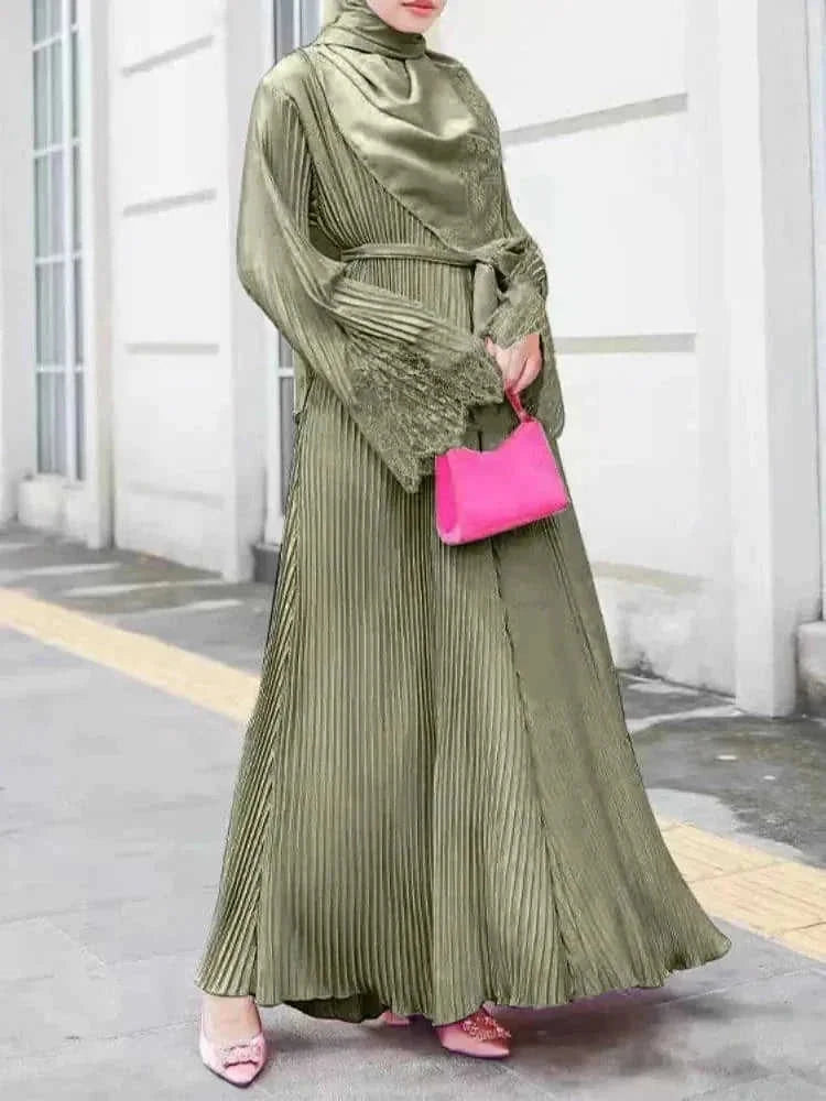 modest lace abaya | pleated kaftan dress | long sleeve prayer dress | energy saving