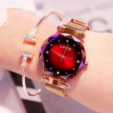 Women's Rose Gold Starry Sky Watch – Magnetic Mesh Quartz Wristwatch