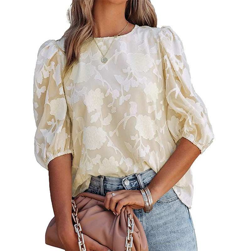 Women's Puff Sleeve Chiffon Loose Top Flower Texture Shirt Meifu Market