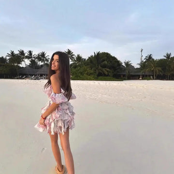 Color Printed Off-the-neck Stacked Ruffled Waist Dress