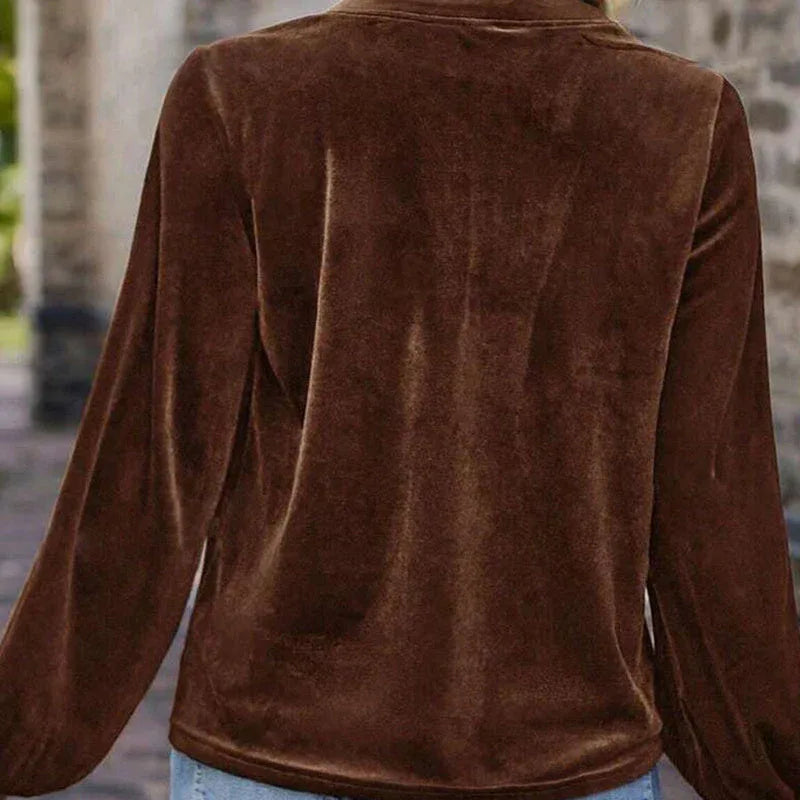 Women's Solid Color V-Neck Button Detail Long Sleeve Pullover Top Casual Elegant Office Blouse Meifu Market