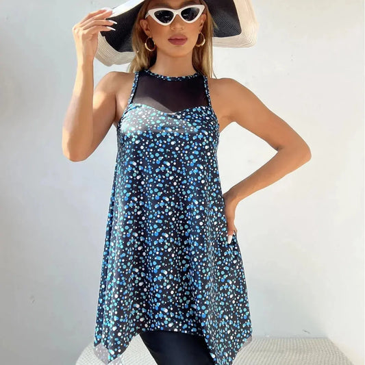 Mesh Printed Conservative Boxer Two-piece Swimsuit