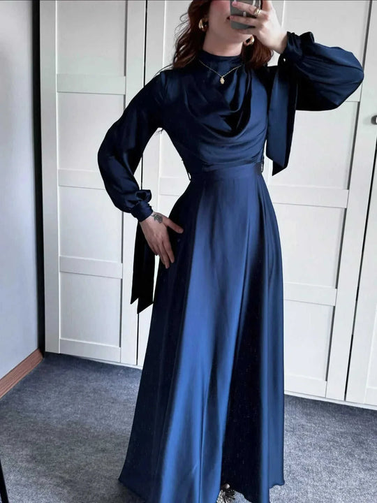 satin fabric maxi dress | plunge neckline long sleeve dress | strappy back evening gown | energy saving