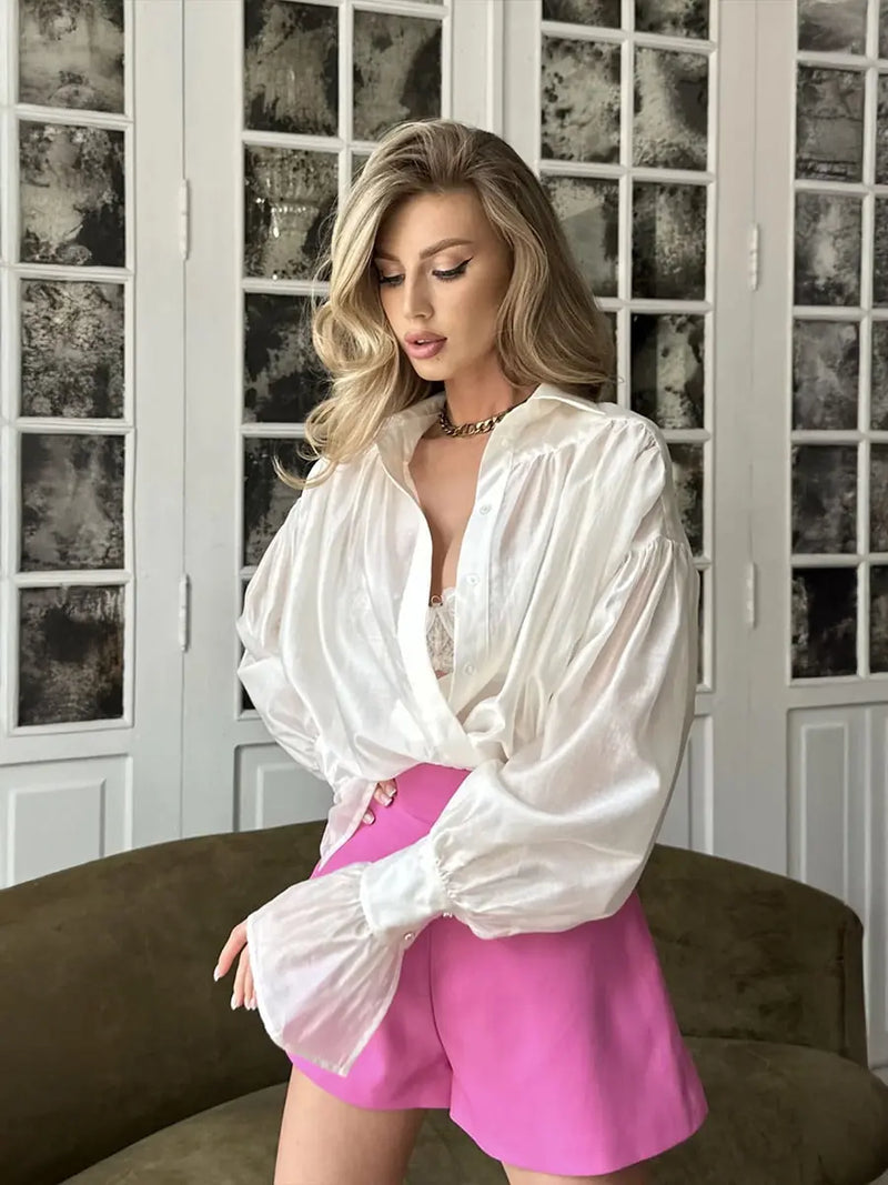 Ins French Lantern Sleeve Shirt Fashion Button Lapel Long Sleeved Tops Casual Women's Clothing Meifu Market