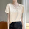 Acetate V-Neck Loose Short-Sleeve Top - Women's Commute Style - close-up detail (material: denim, silk | color: white,...