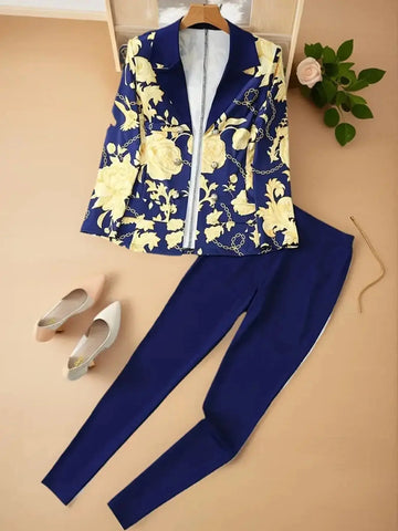 2025 New Women's Elegant High-end Printed, Chain Printed Slim Fit Suit Jacket And Pure Blue Leggings, Suit Two-piece Set, Machine Washable, All Season Fashionable Meifu Market
