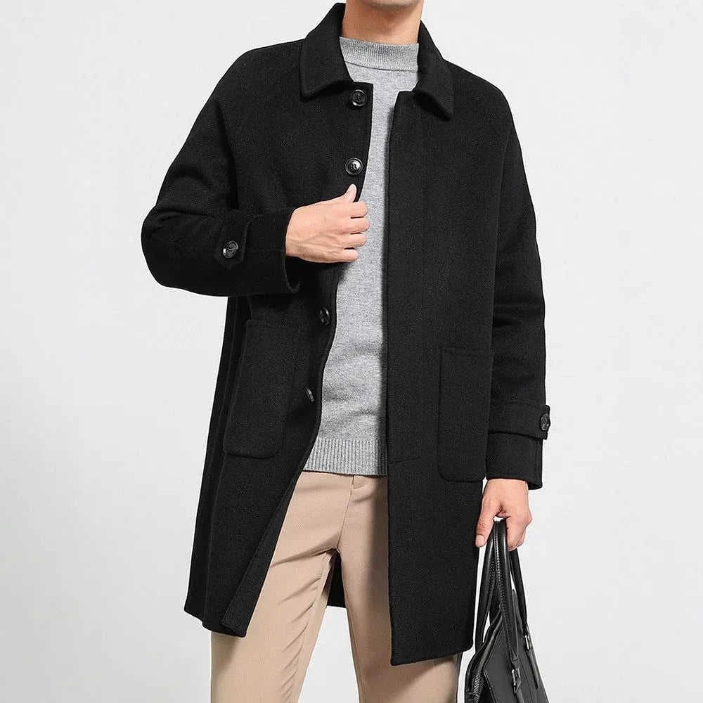 reversible wool coat | heavy wool overcoat | mid length mens coat | energy saving