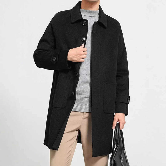 reversible wool coat | heavy wool overcoat | mid length mens coat | energy saving