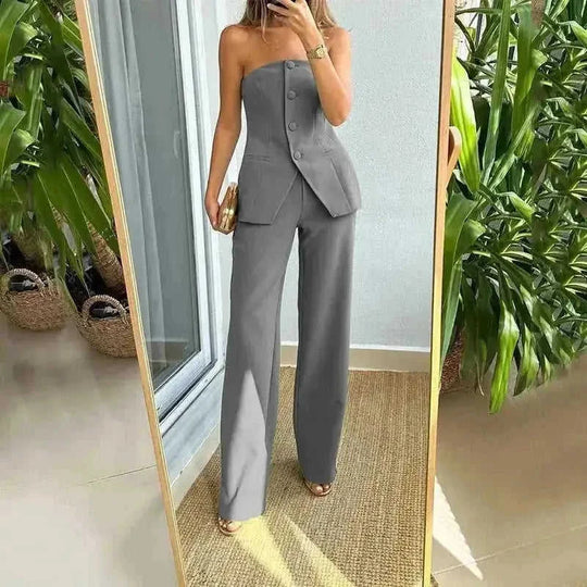 tube top and pants set | polyester spandex fabric | sleeveless button down top | energy saving