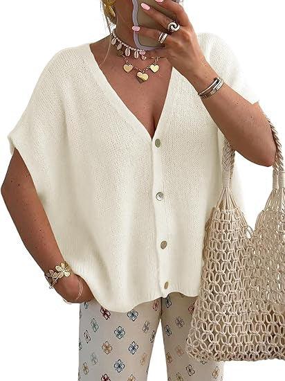Short Sleeved V-neck Single Breasted Cardigan Sweater Meifu Market