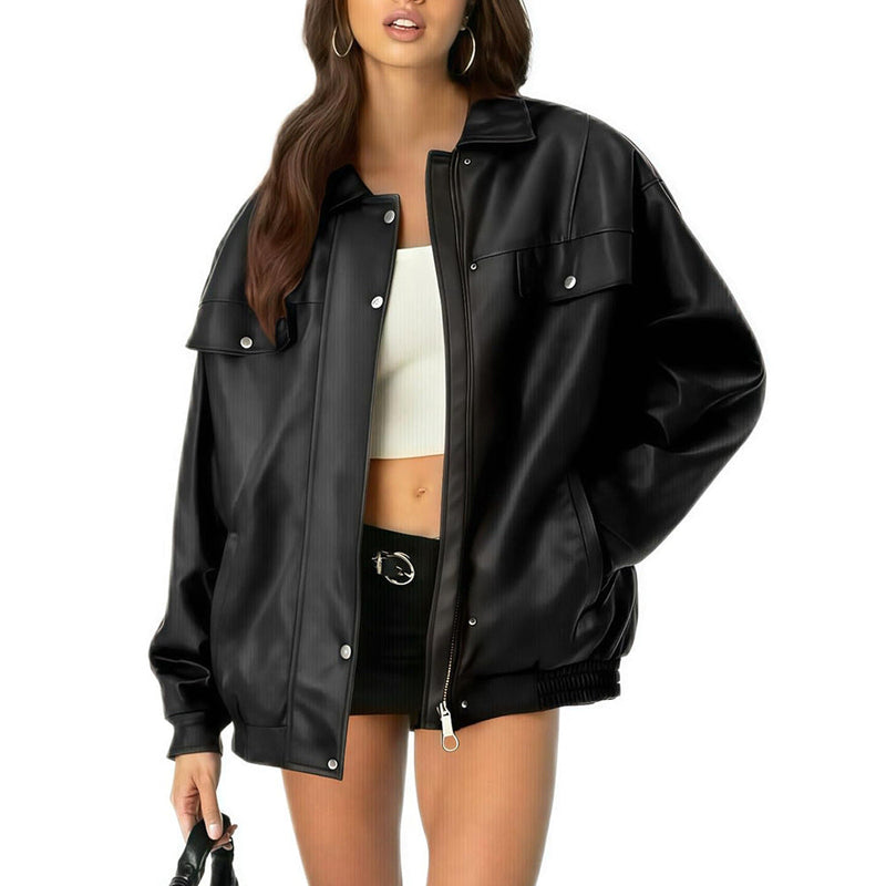 Women's Leather Jacket Loose Long Sleeve Lapel Motorcycle Jacket Meifu Market
