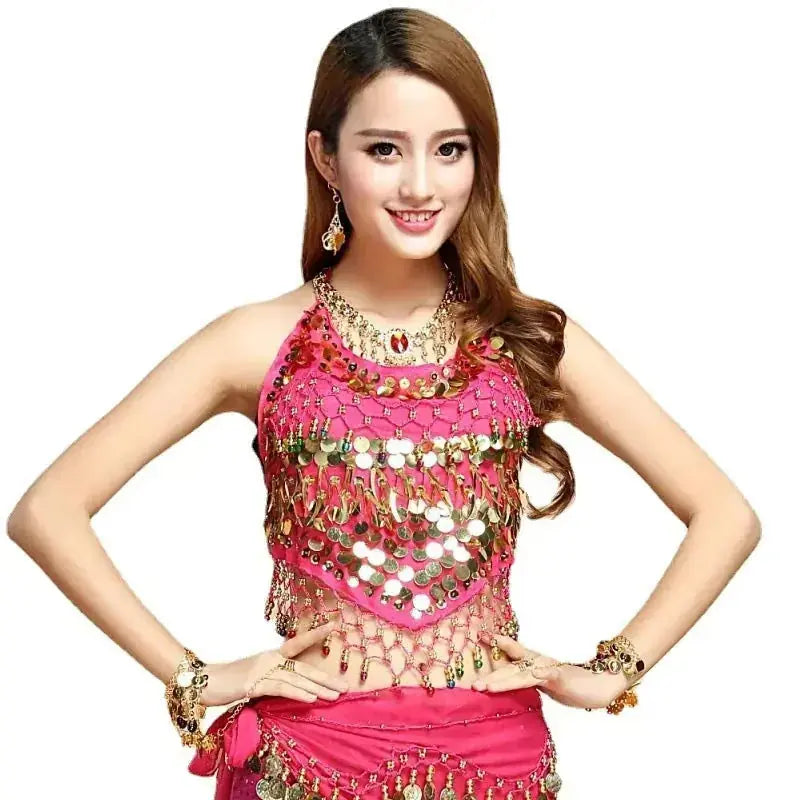 sequined dance top | chili red bra top | stretchable dance costume | ultrasonic cleaning