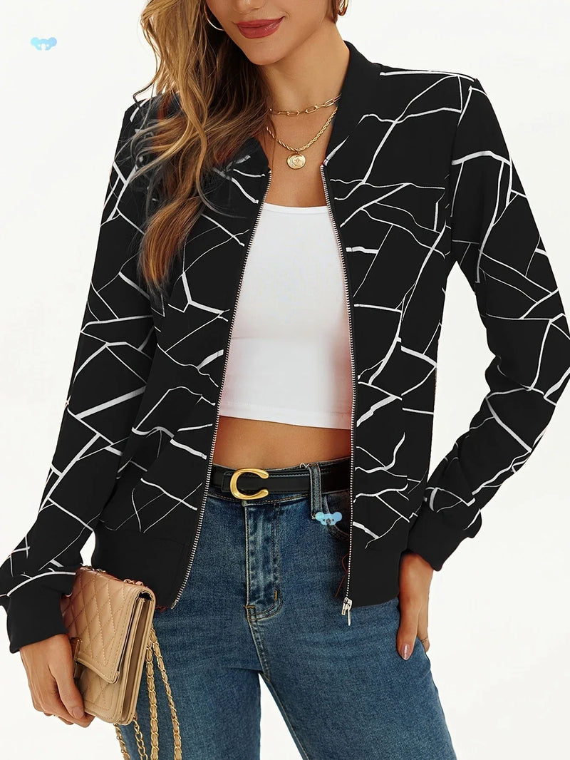 Stylish Long Sleeve Allover Print Zip Up Jacket Elegant Meifu Market