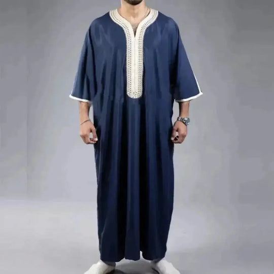 mid-sleeve arabic robe | embroidered navy blue thobe | cotton blend mens robe | ultrasonic cleaning