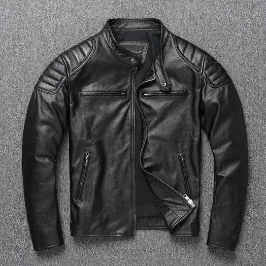 cowhide leather motorcycle jacket | genuine leather biker coat | stand collar leather jacket | energy saving