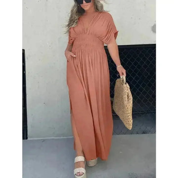 batwing sleeve dress | v-neck summer dress | elastic waist long dress | energy saving