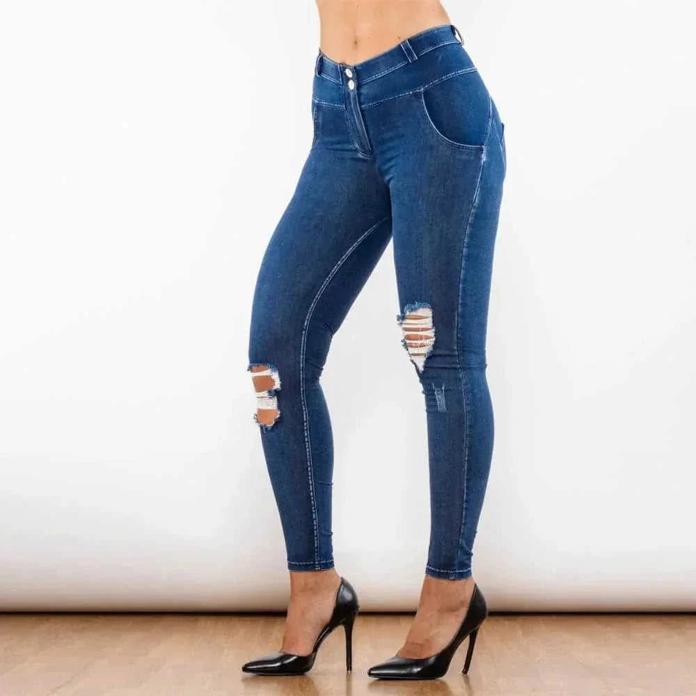 melody blue ripped jeans | high-waisted ripped jeggings | stretchy denim leggings | energy saving