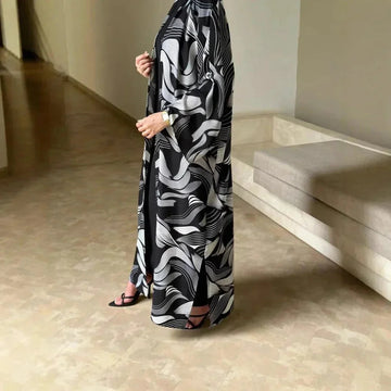 abaya with drop shoulder sleeves | printed kaftan robe | long sleeve maxi dress | energy saving