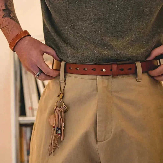 Fashion Retro Brass Distressed Belt Men Dark Brown - main product image