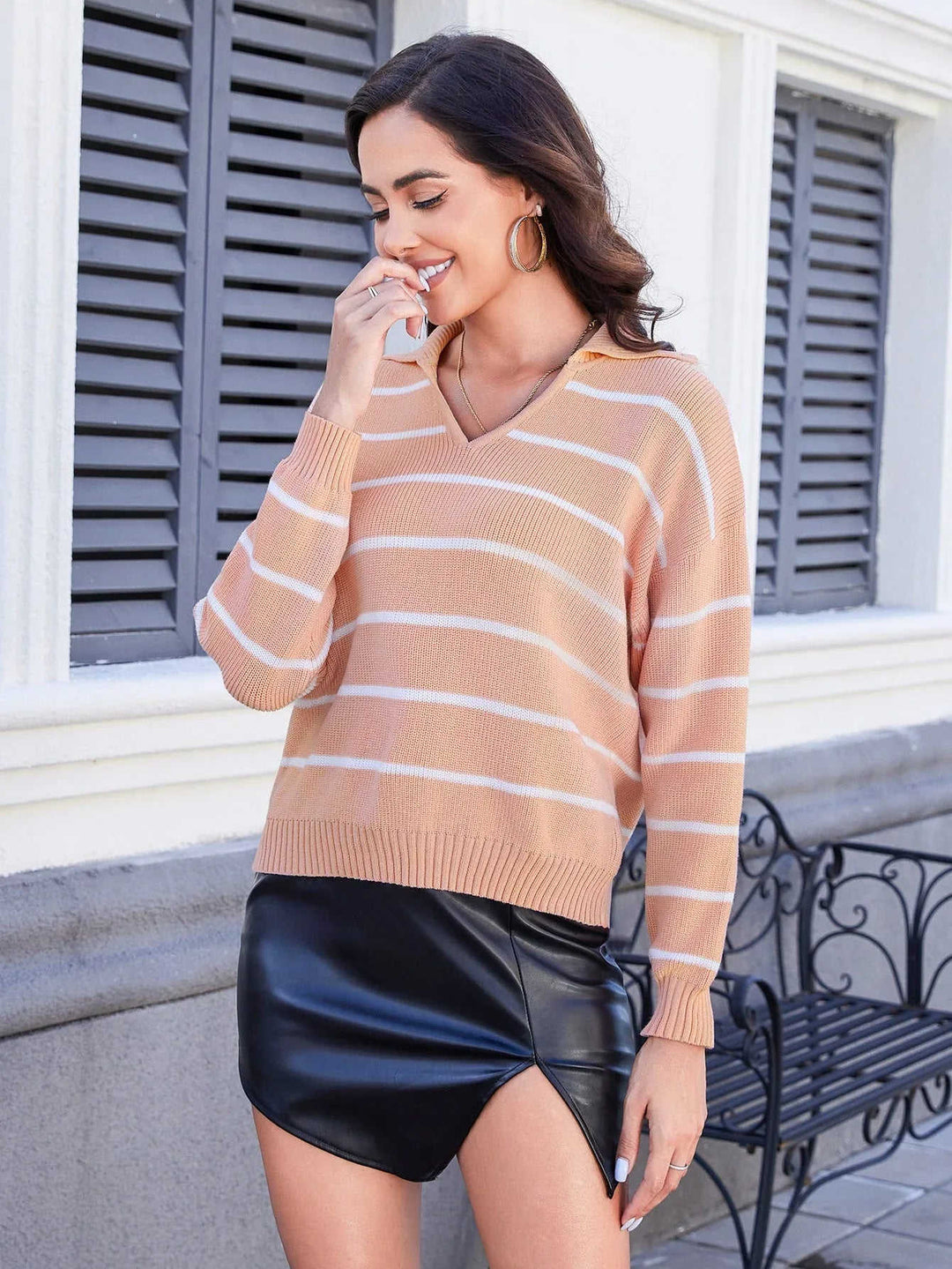 Women's Striped V-neck Long Sleeved Sweater Meifu Market