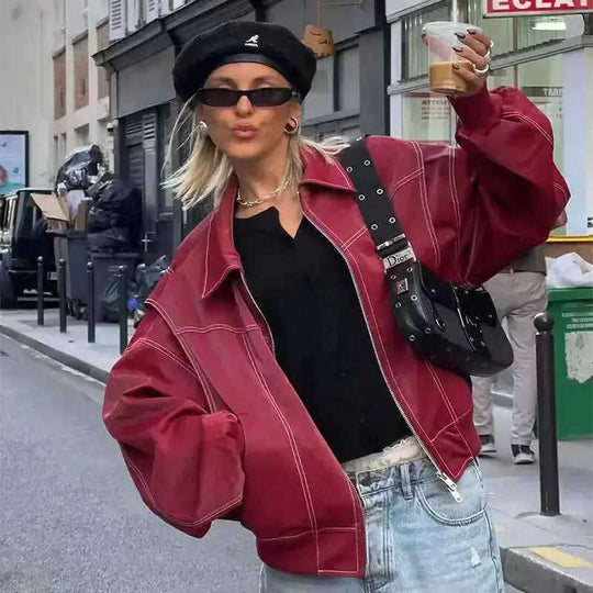 Loose Fashion Lapel Zip-up Jacket Cool Long Sleeve Zipper Closure Moto Biker Leather Jacket Womens Clothing Meifu Market