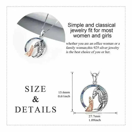925 Sterling Silver Dragon Necklace - Girl & Dragon Queen Princess Pendant with Zircon Crystals - side view (color:...