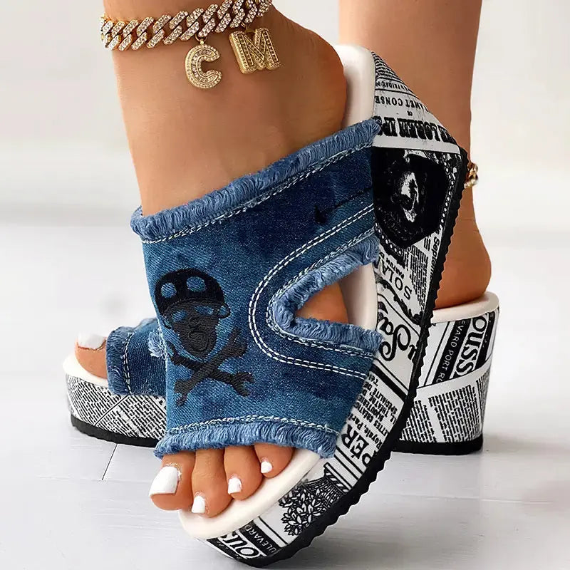 Newspaper Skull Original Hem Platform Wedge Slides - Anklet Not Included Meifu Market