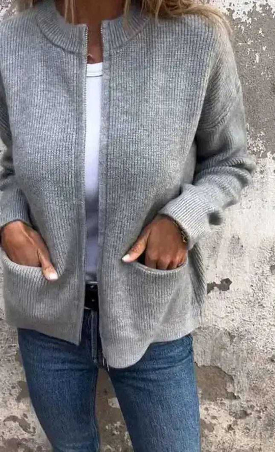 New Solid Color Casual Coat Zipper Sweater Cardigan Brown - back view