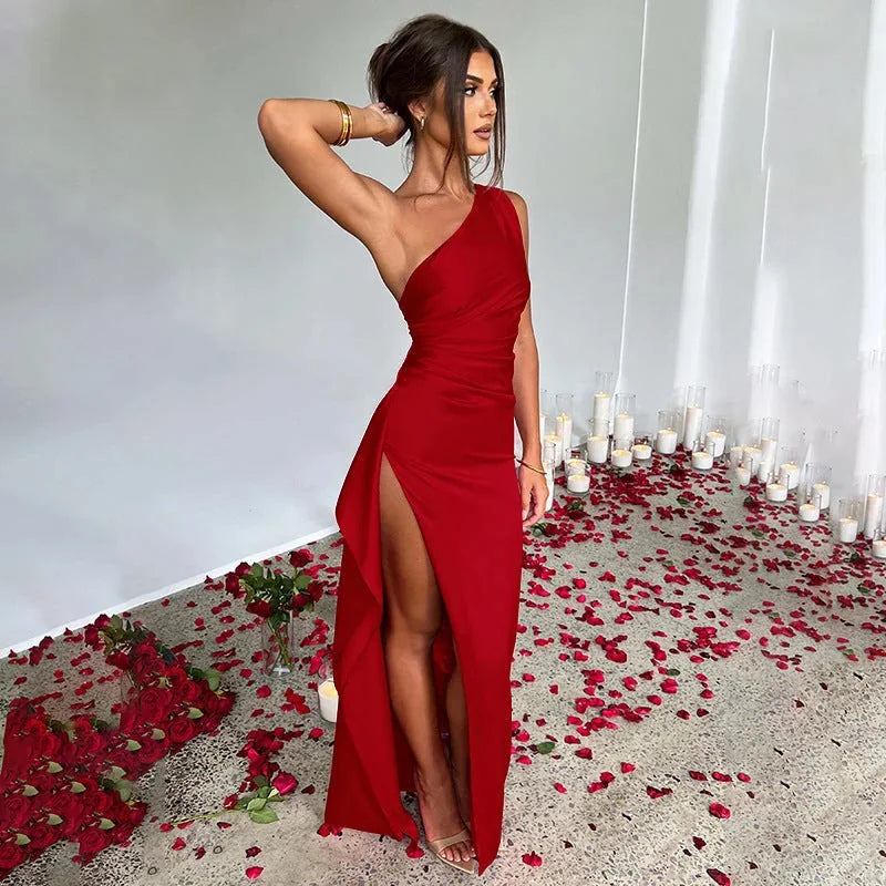 one shoulder satin dress | backless slit evening gown | elegant summer bodycon dress | ultrasonic cleaning