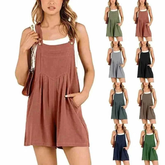 adjustable strap overalls | loose fit short jumpsuit | cotton blend romper | energy saving