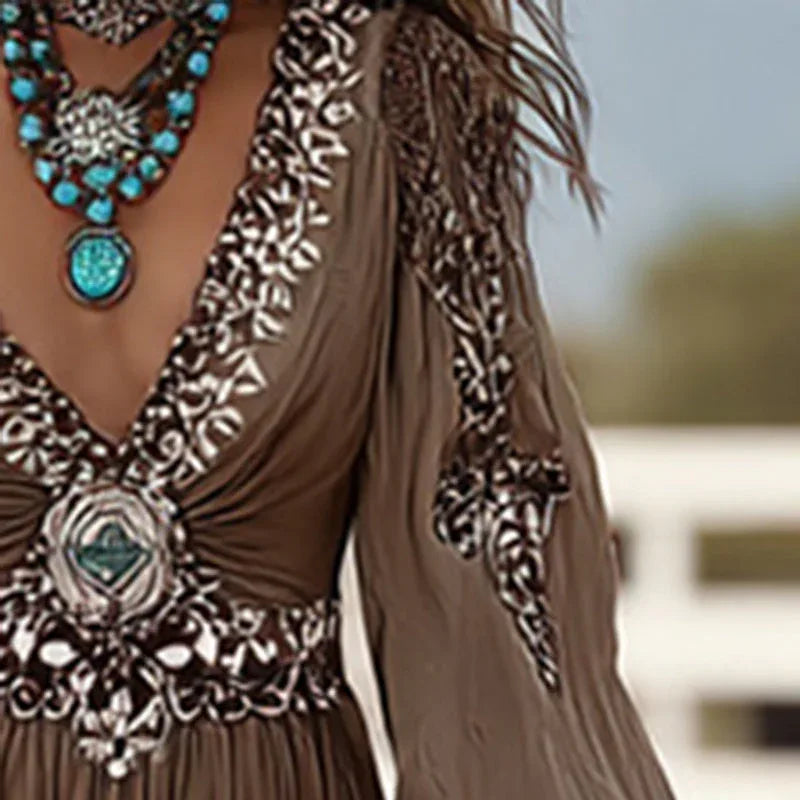 Women's Patchwork V-Neck Dress With Puff Sleeves & Asymmetric Hem, Western Style Flowy Boho Long Dress For Spring Fall Meifu Market