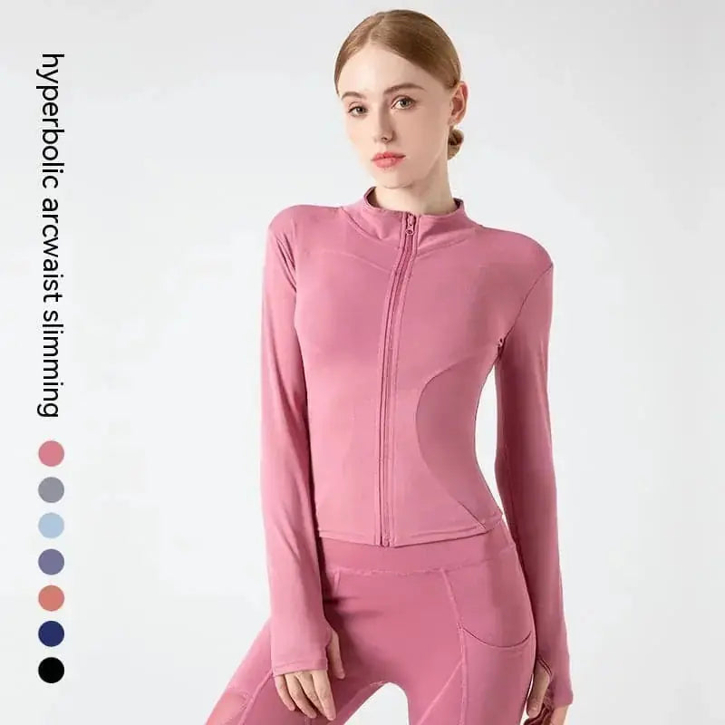 quick-dry fabric | slim-fit yoga jacket | moisture-wicking material | ultrasonic cleaning
