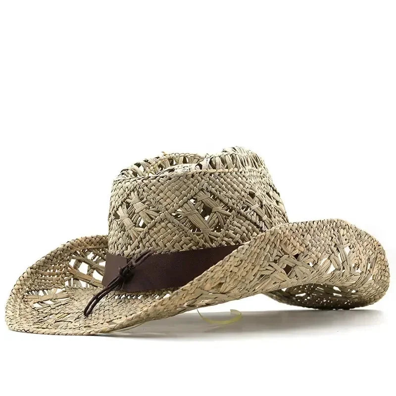 hand-woven natural grass hat | adjustable leather hatband | wide-brim sun protection hat | energy saving