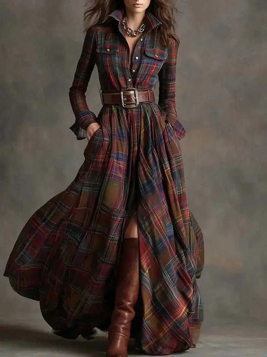 French Retro Plaid Dress - Plus Size Belted Waist Irregular Hem Dress Meifu Market