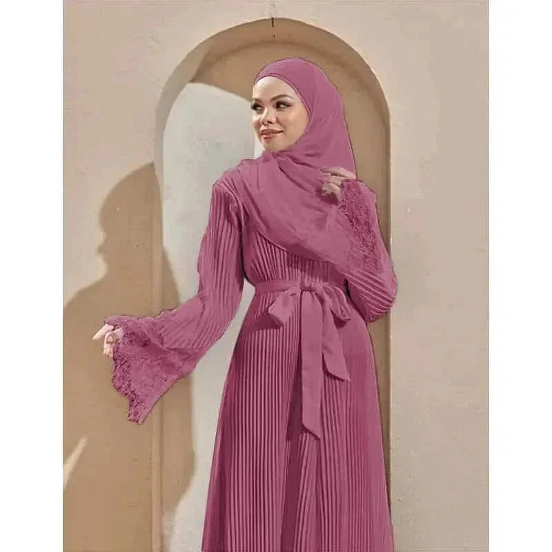 modest lace abaya | pleated kaftan dress | long sleeve prayer dress | energy saving