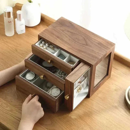 solid walnut wood construction | four drawer jewelry organizer | large capacity jewelry armoire | energy saving
