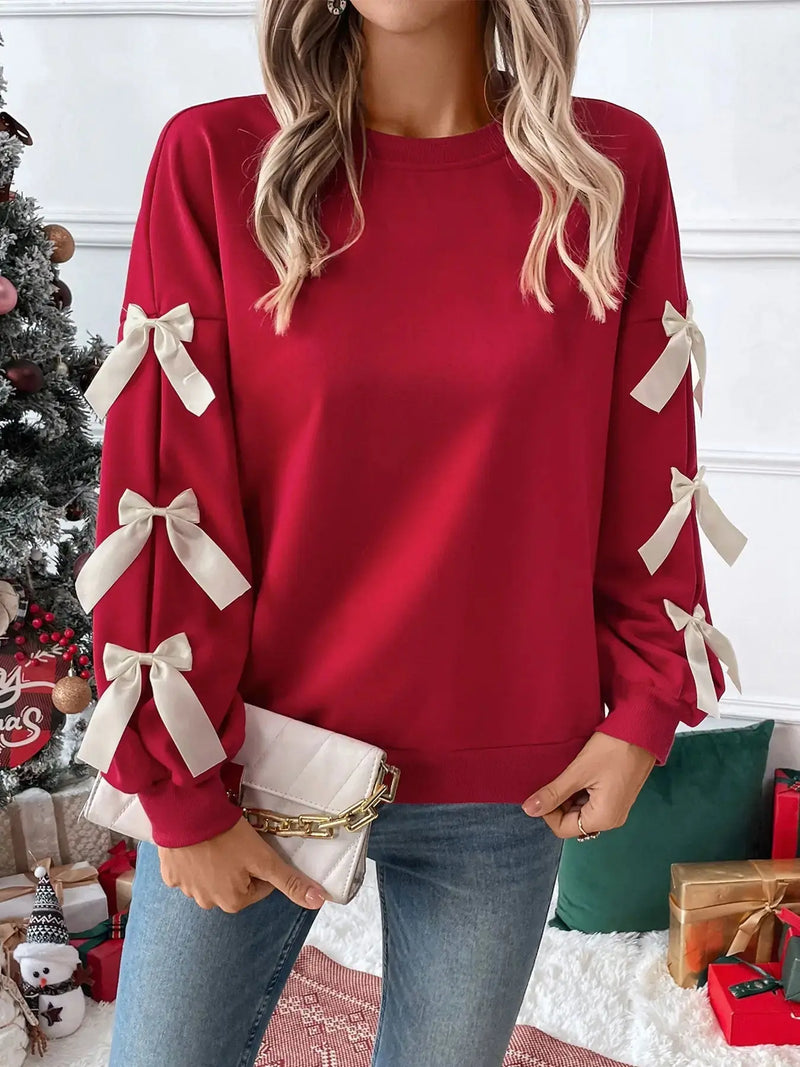 Hemp Bundle Pocket Round Neck Bow Red Christmas Sweater Girl Meifu Market