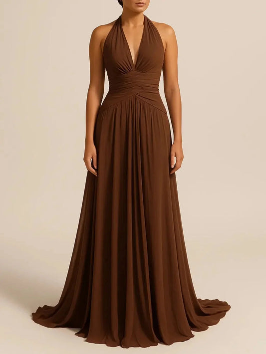 Brown Halter Back Maxi Dress