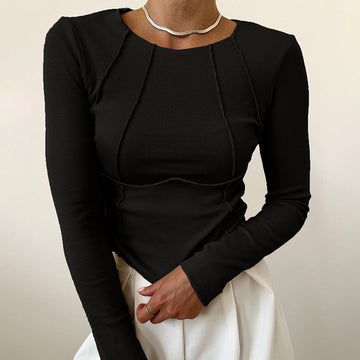 Slim Long Sleeve T-shirt Fashion Solid Color Split Thread Knitted Top Womens Clothing Meifu Market