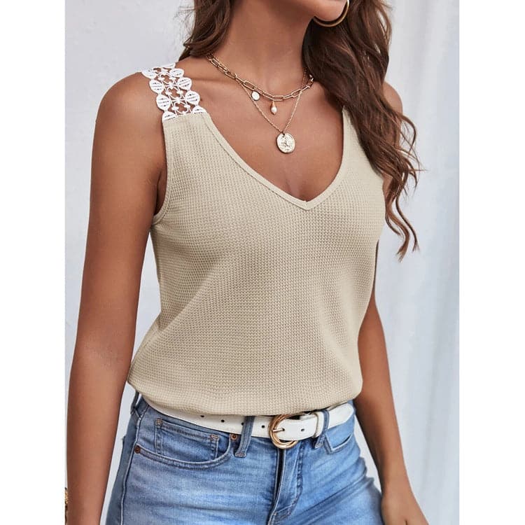 Waffle V-Neck Vest Sleeveless Lace Tank Shirt Tops Summer 