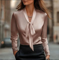 Women's Elegant Satin Blouse, Long Sleeve Button Down Shirt With Ribbon Detail For Office Work Meifu Market