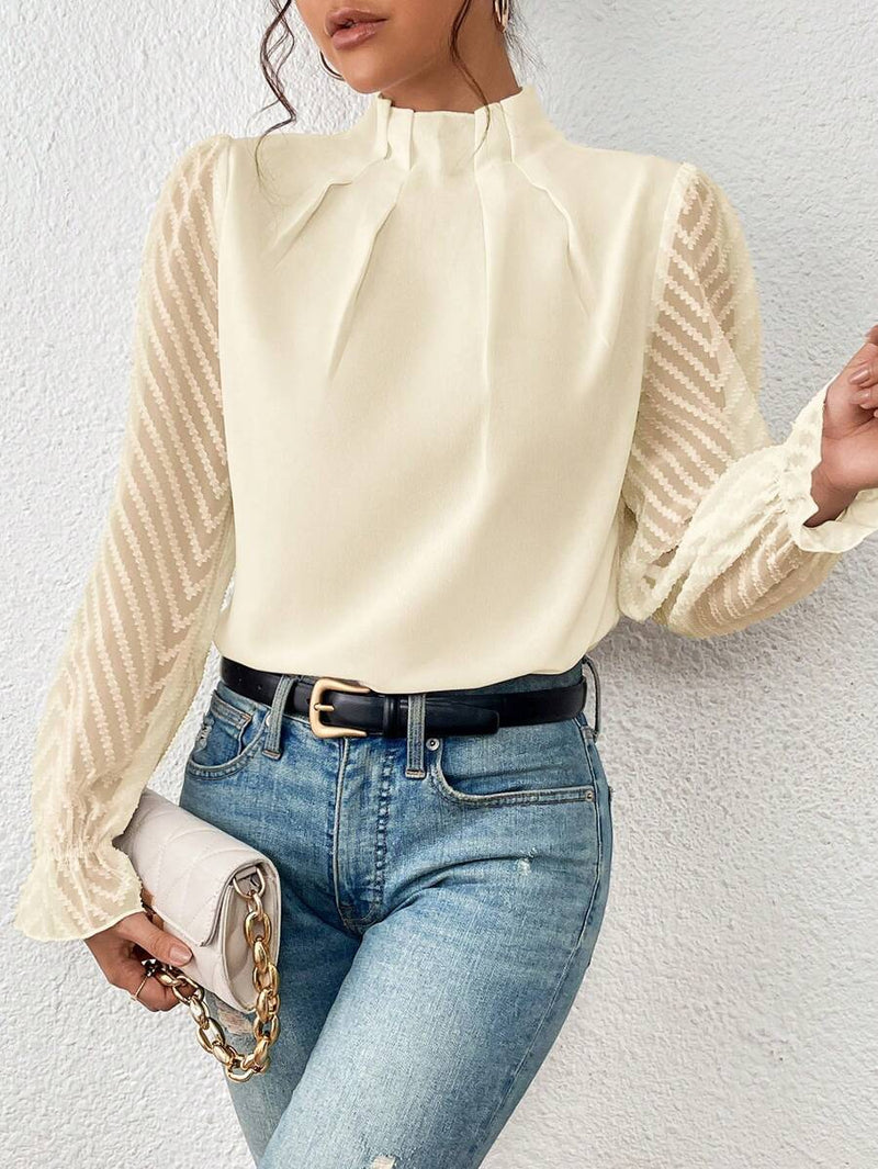 Women's Half-turtleneck Stitching Wavy Chiffon Long-sleeved Top Meifu Market
