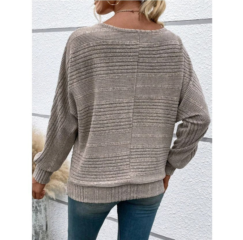 Solid Striped Batwing Sleeves T-shirt Fashion Casual Pullover Round Neck Long Sleeve Top Spring And Autumn Women's Clothing Meifu Market