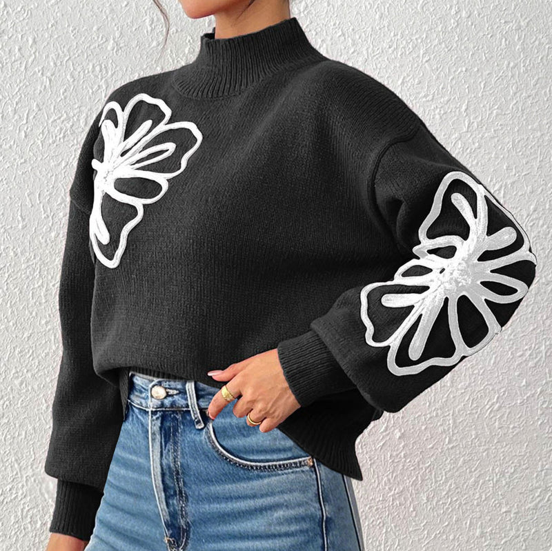 Women's Three-dimensional Ribbon Embroidery Flower Mock Neck Sweater Meifu Market
