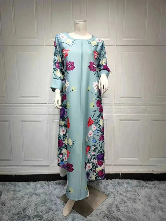 rhinestone print maxi dress | long sleeve positioning print robe | polyester chiffon muslim dress | energy saving
