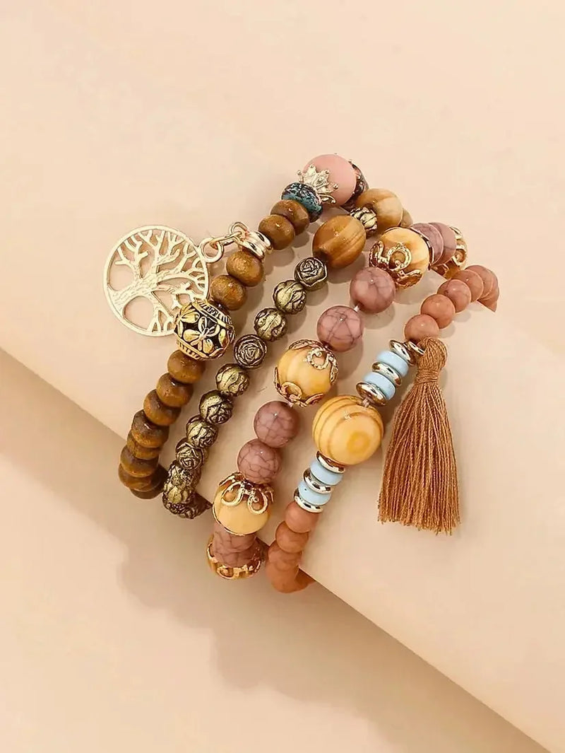 elastic bangle bracelet set | wooden beads jewelry | adjustable tree of life bracelet | energy saving