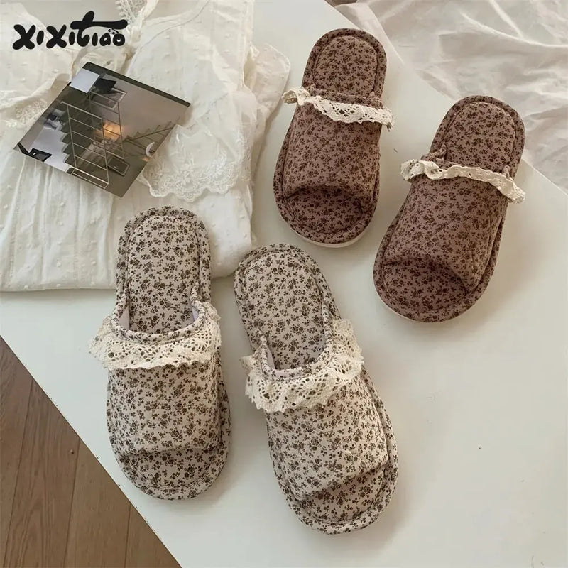 Home Style Vintage Floral One Word Four Seasons Universal Cotton Slippers Female Meifu Market
