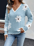 Women's Fall Floral Pattern V-Neck Sweater, Long Sleeve Pullover With Scallop Trim Casual Dressy Top Meifu Market